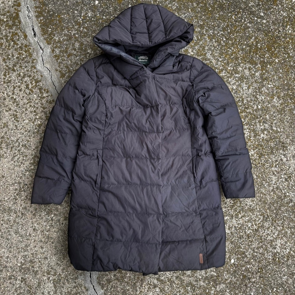 Roots Canada Womens Black Down Fill Puffer XL Parka Hooded Jacket Outdoors